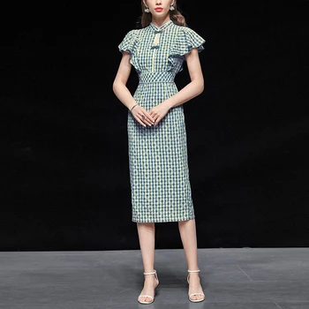 

Seifrmann Summer Women Fashion Runway Pencil Dress Short Sleeve Ruffles Floral Print Chinese Style Female Slim Fit Midi Dresses