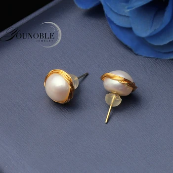 

Real Handmade Natural Fresh Water Baroque Flat Pearl Stud Earrings 925 Sterling Silver Stud Earring For Women Fine Jewelry