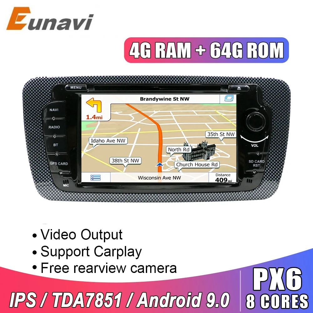 Eunavi 2 din Android 9.0 car dvd radio for Seat Ibiza 6j 2009-2013 2din Headunit gps navigation multimedia stereo IPS TDA7851 BT