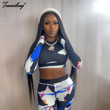 

Vetement Femme Two Piece Sports Set Tracksuit Women Conjuntos Print Long Sleeve Crop Top Sportswear Slim Outfit Dresy Damskie