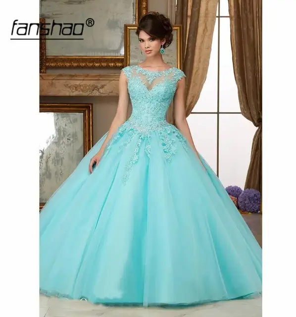Fanshao Quinceanera Dresses Appliques Beads Scoop Neck Ball Gowns Sparkly Sweet 16 Year Princess Dresses For 15 Years Vestidos Blue