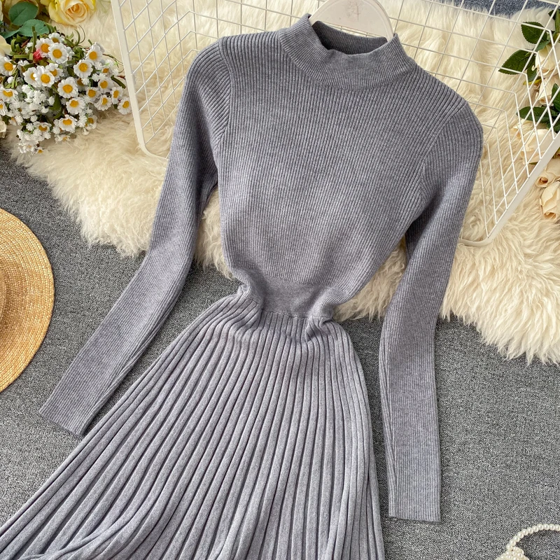 Винтажное теплое платье, Vestido de festa, тонкий осенний зимний вязаный свитер, миди платья для вечеринок, ТРАПЕЦИЕВИДНОЕ женское плиссированное платье