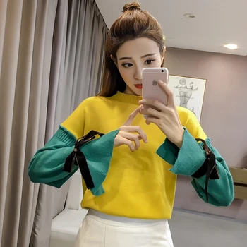 

779 #779 #2017 New Style Korean-style Slit Bell Sleeve Bow Lace-up Sweater Sweater Women's