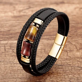 Natural Tiger Eye Stone Bracelet Multilayer Braided Genuine Leather