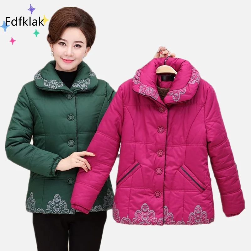 

Fdfklak Middle-Aged Elderly Clothes Mother Gift Plus Velvet Warm Cotton-Padded Jacket Button 5XL Large Size Russian Winter Coats