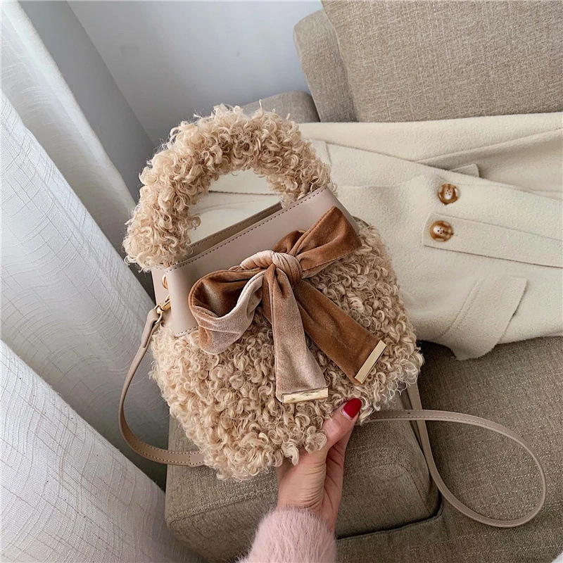 Плюшевый ягненок волос сумки через плечо для женщин Сумка-ведро с бантом