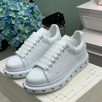 

Summer 2020 designer shoes real leather shoes women's casual shoes round head rivet flat head white shoes women's shoes fashion