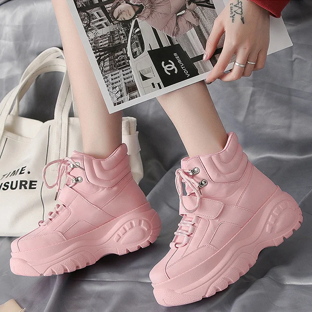 $US $22.23 Women Sneakers 2019 Platform Pink Chunky Heel Wedges Dad Shoes White Height Increasing Women Shoes 