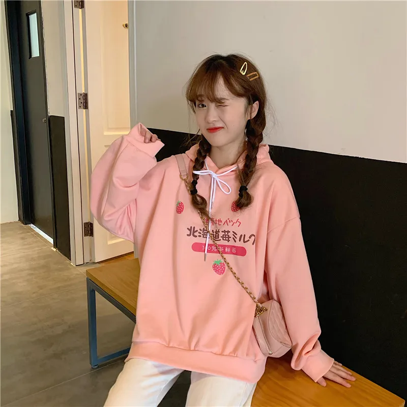Осенне-зимний Розовый пуловер для женщин Harajuku пуловер с принтом Kawaii Свободные женские толстовки Милая женская одежда
