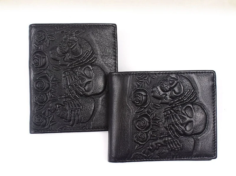 Punk Style Rose Ghost Head Embossed Wallet for Men Gothic Black Leather Wallet Short Vintage Skull Men's Wallet Purse