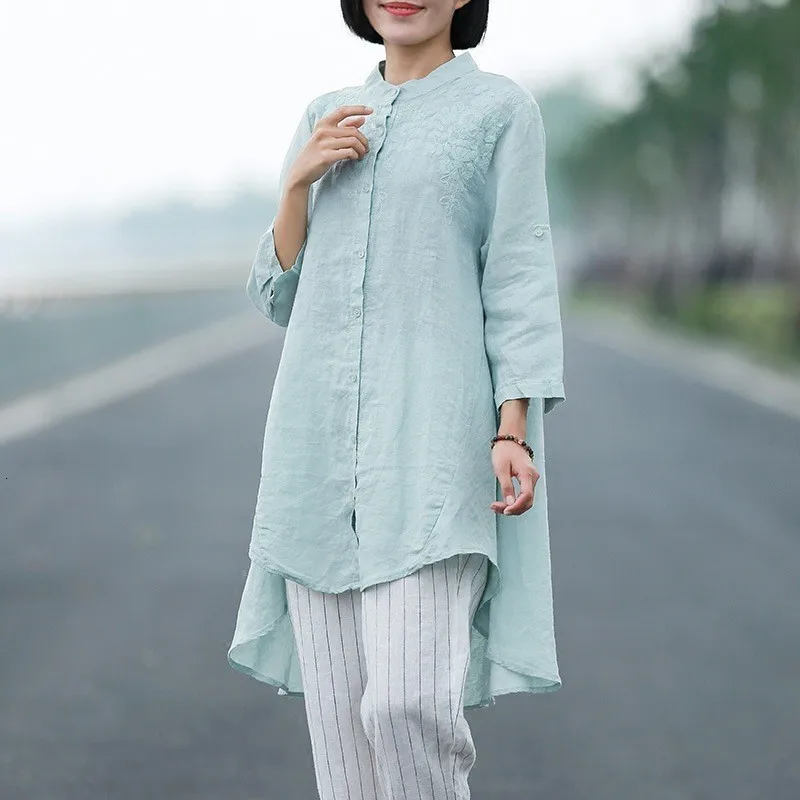 Summer Literary Embroidery Cotton And Linen Vintage Womens Shirts Asymmetrical Medium Length Sunscreen Female Open Stitch Shirt |