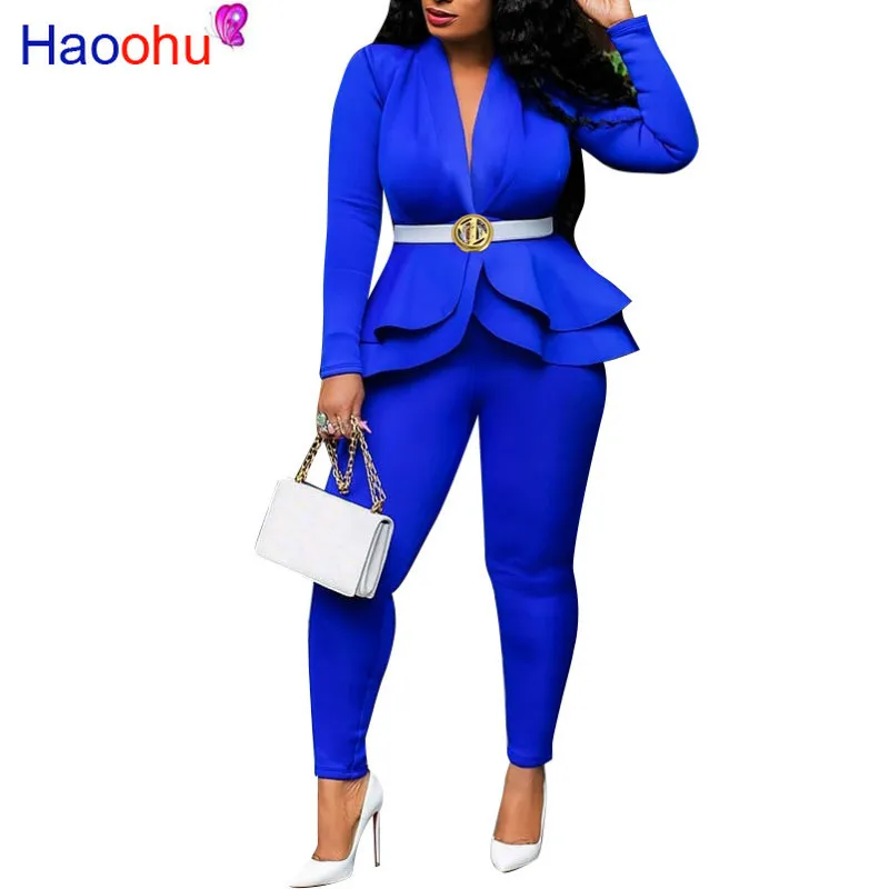 

HAOOHU Women Winter Women's set Tracksuit Full Sleeve Ruffles Blazers Pencil Pants Suit Two Piece Set Office Lady Outfit uniform