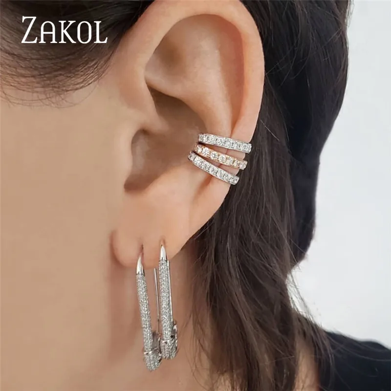 Новинка простые серьги клипсы ZAKOL с фианитами и микрозакрепкой без проколов для