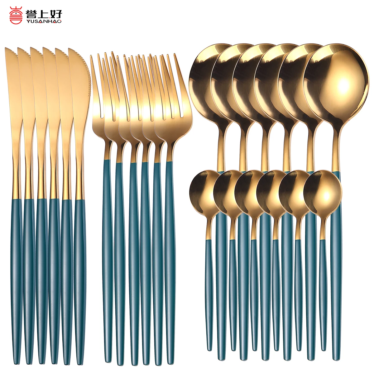 24pcs Upscale Gold Dinnerware Set Stainless Steel Tableware Set Knife Fork Coffee Spoon Flatware Set Dishwasher Safe Cutlery Set