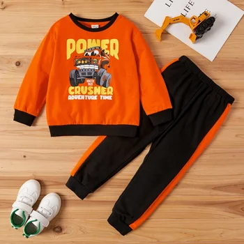 

PatPat 2020 New Arrival Autumn and Winter 2-piece Toddler Boy Vehicle Letter Print Pullover and Striped Casual Harem Pants Set