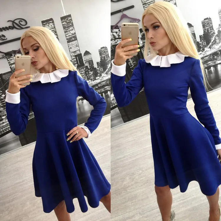 

2016 New Style European And American-Style Hot Selling Women's Clothing High-waisted Blue Slim Fit A- line Dress Dress