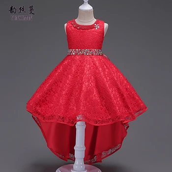 

New Girls Tail Dress Elegant Red Lace Party Princess Costume for Girls Birthday Outfit Kids Dress for Girls 4 to 14 Years B1A3A