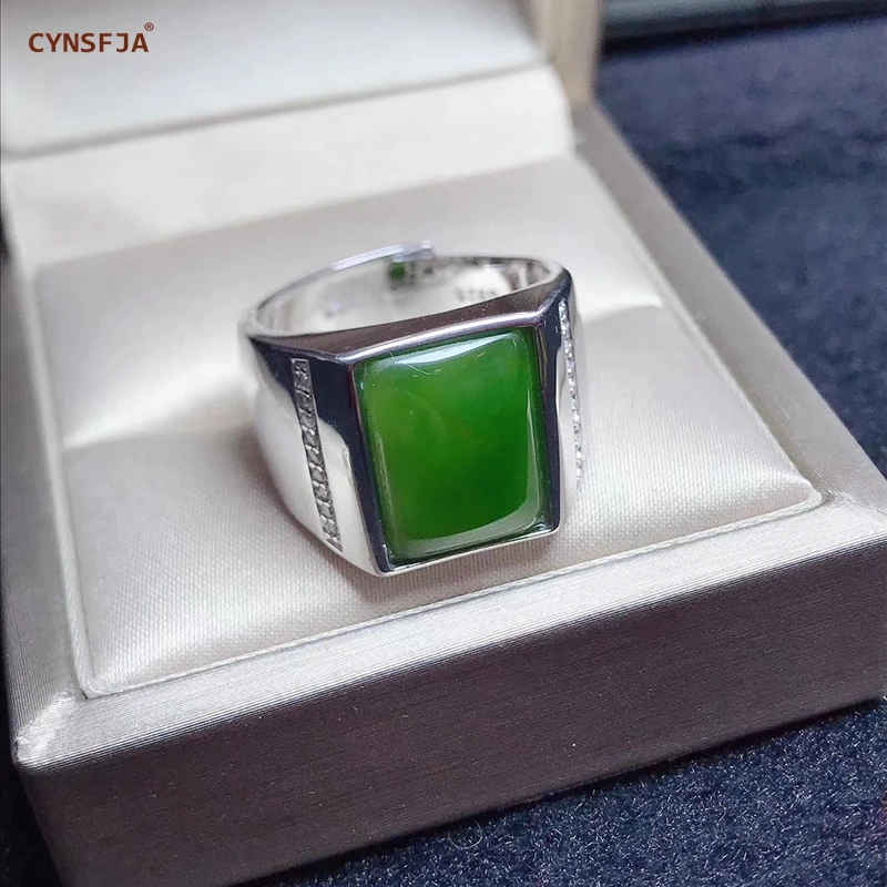CYNSFJA Real Certified Natural Hetian Jade Jasper Inlaid 925 Sterling Silver Men's Amulet Green Jade Rings Adjustable Best Gifts