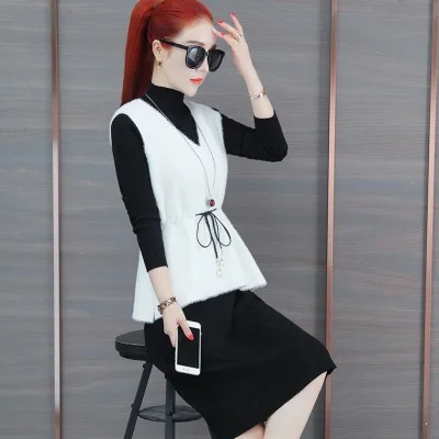 

Western Style Set Dress Women's Autumn And Winter 2019 New Style Mink Cashmere Waistcoat with Knitted Base Skirt Elegant Two-Pie