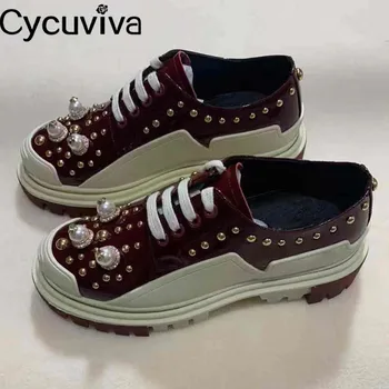 

Chic Pearls Decor Sneakers Patent Leather Multicolor Patchwork Casual Shoes Woman Rivet Studded Round Toe Casual Flat Shoes