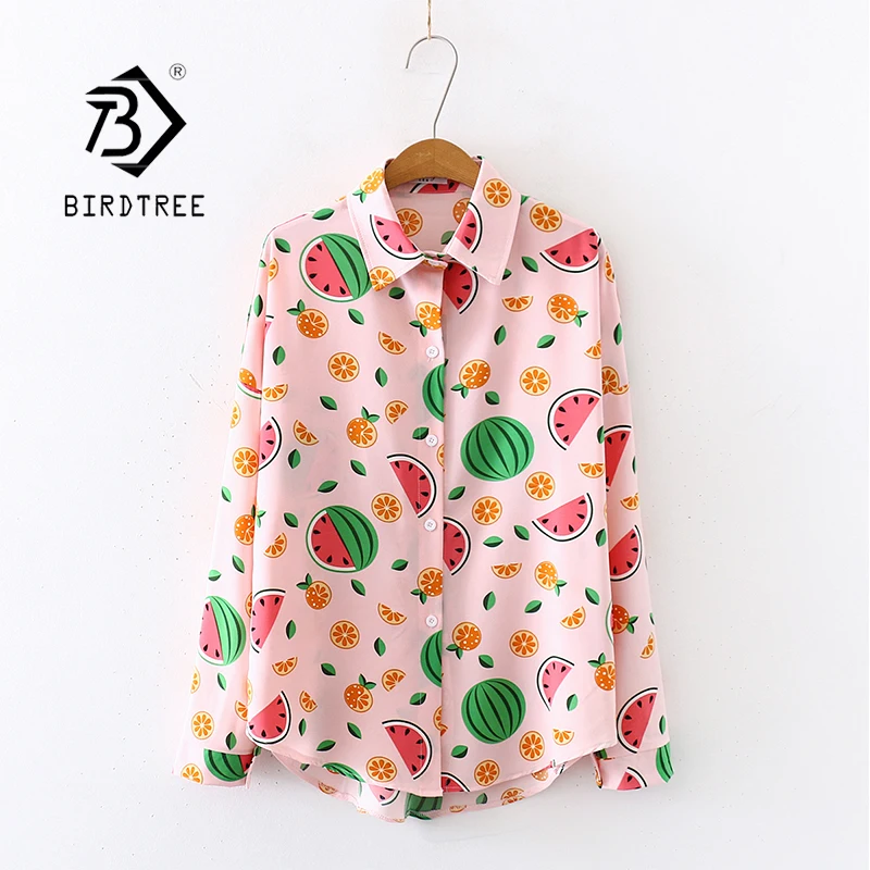

2020 Summer New Women Watermelon Print Chiffon Blouse Autumn Long Sleeve Pink Shirt Cute Loose Tops Cute Feminina Blusa T02804F