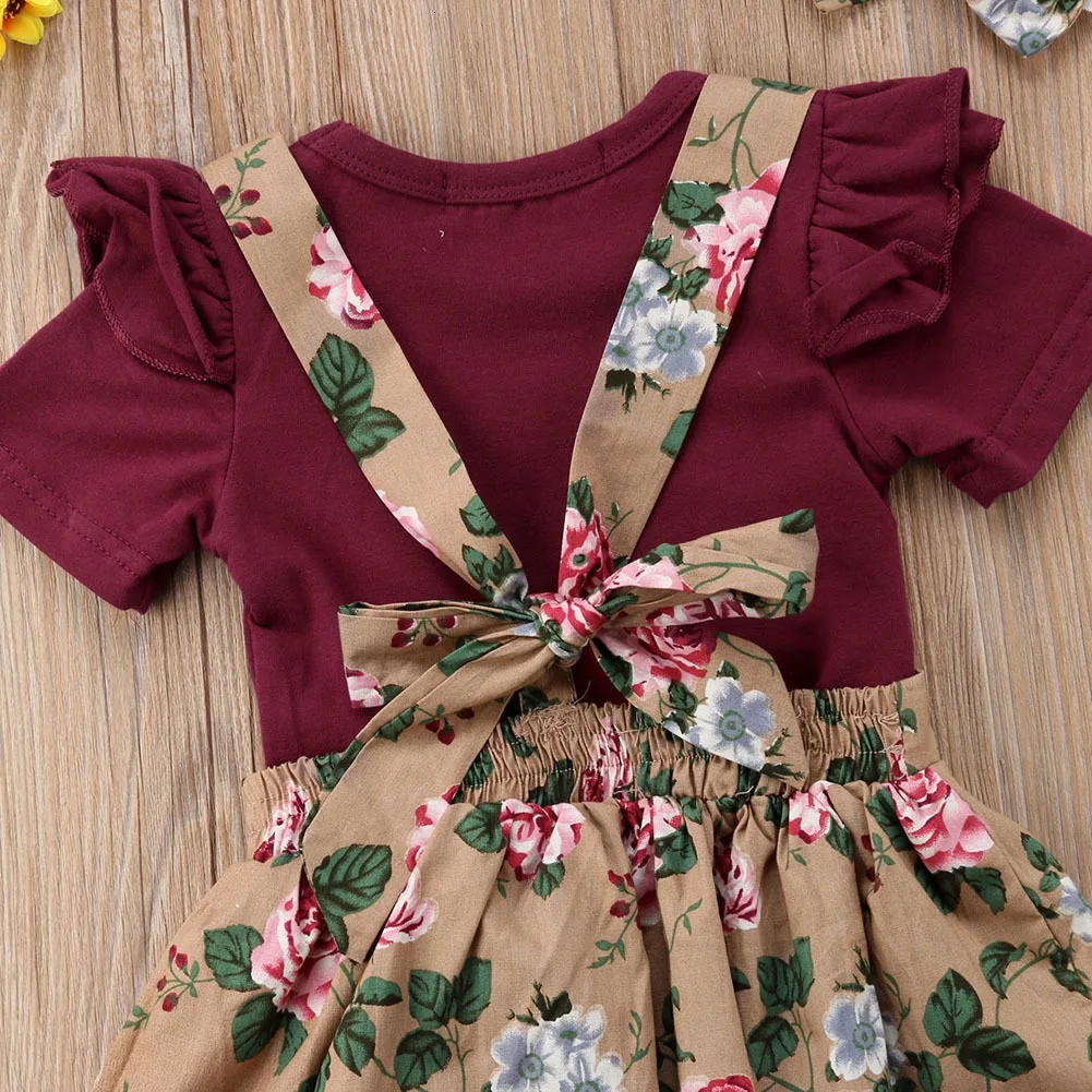 3 предмета, одежда для маленьких девочек, топы с цветочным принтом + платье с цветочным принтом на бретелях, юбка, комплект