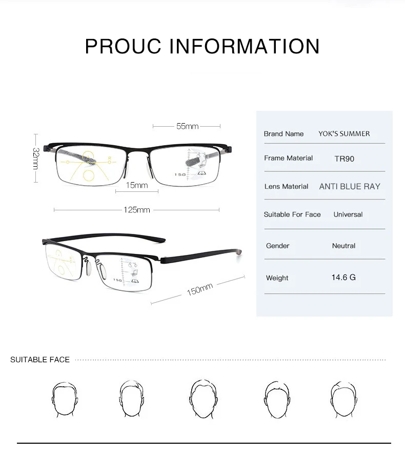 YOK'S TR90 без оправы анти синий луч прогрессивные многофокусные очки для чтения квадратные бифокальные очки для ближнего и дальнего расстояния HN1304