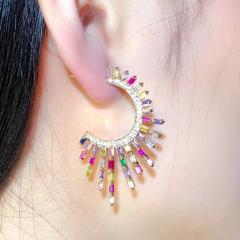 

LUALA Gorgeous Round Circle Cubic Zirconia Pave Multicolor Rainbow CZ Big Long Stud Earrings Luxury Chic Boho Jewelry CZ697