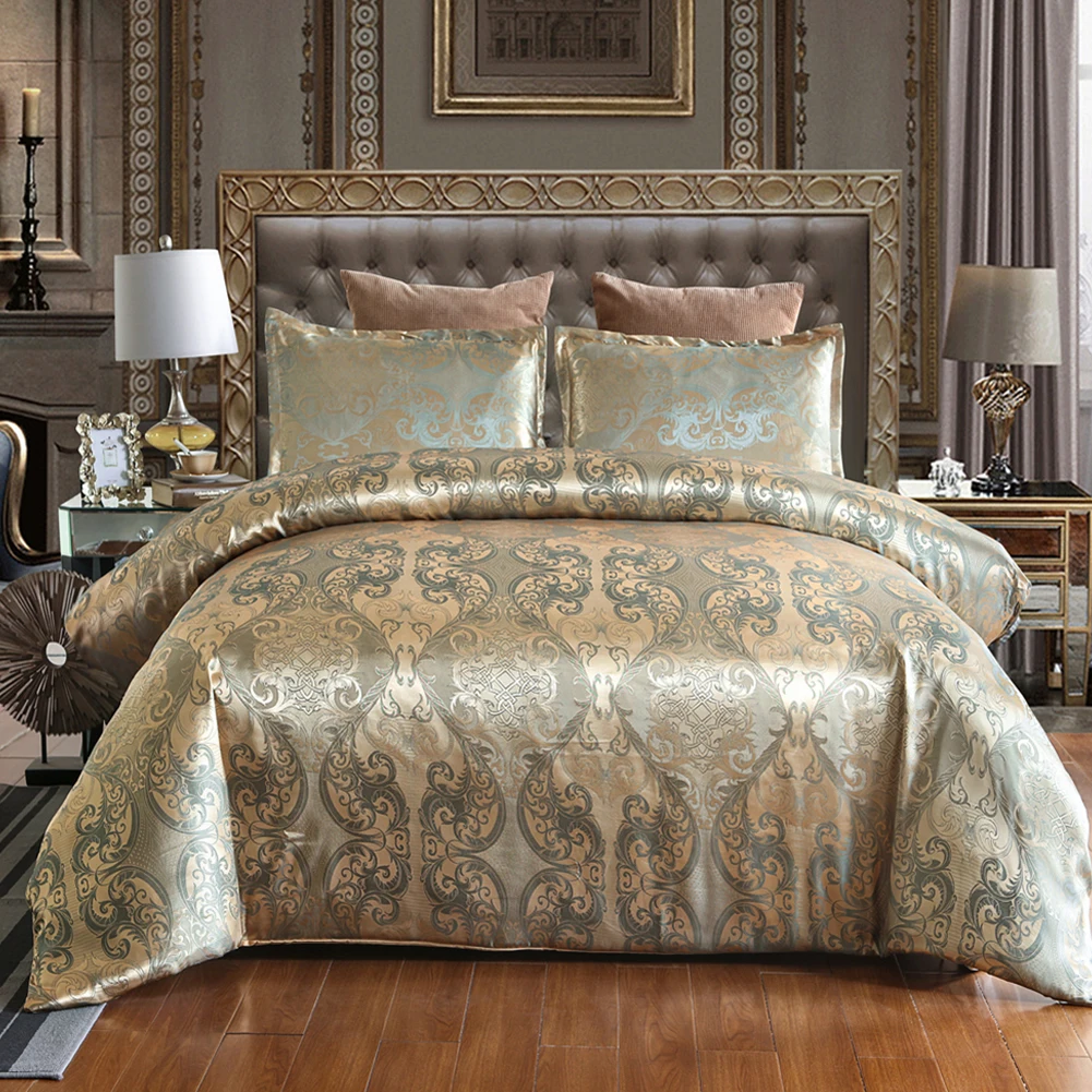 

3pc King Size Satin Jacquard Duvet Cover Sets Full Size Delicate Floral Pattern Bedding Sets Duvet Cover and Pillowcases Set
