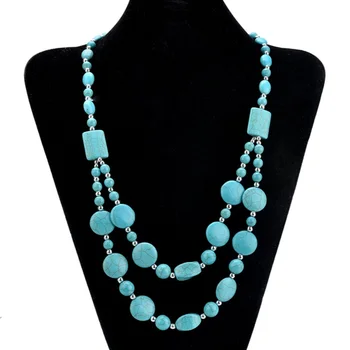 

Statement Jewelry Silver Plated Alloy Geometric Stackable Green Turquoises Stone Pendant Beads Chain Necklace