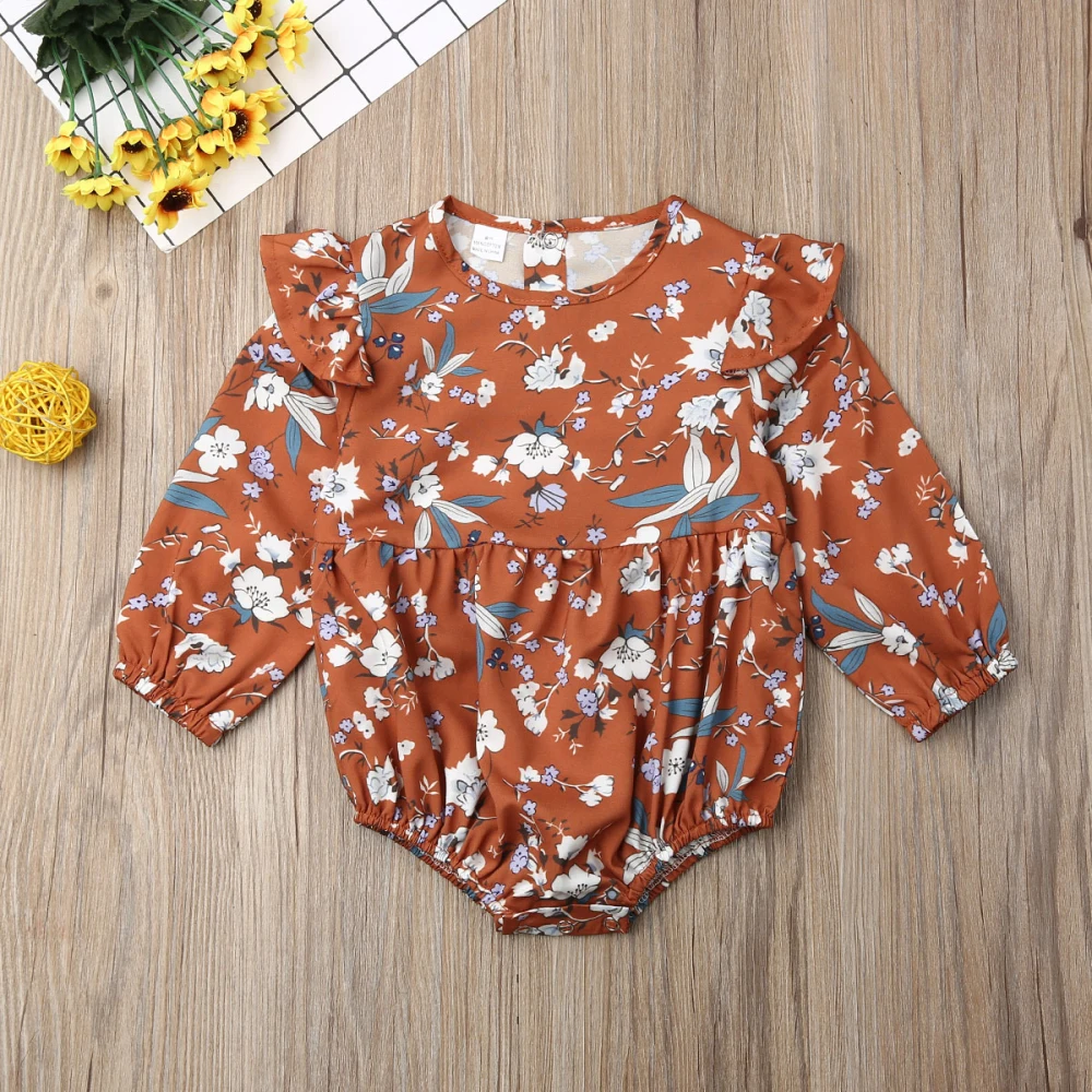 Brand 0-24M Newborn Baby Girls Autumn Clothes Bodysuit Bohe Ruffel Floral Long Sleeve Plyasuit Jumpsuit Autumn Outfit