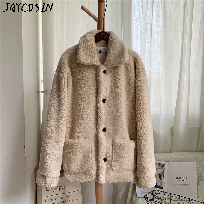 JAYCOSIN, индивидуальное пальто для женщин, модное, осеннее и зимнее, однотонное, повседневное, свободное, короткое, Ветровка из овечьей шерсти, пальто Jas manteau Drop