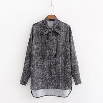 

New spring women bow collar design snake skin print casual kimono blouse shirts women long sleeve brand blusas chic tops LS6026