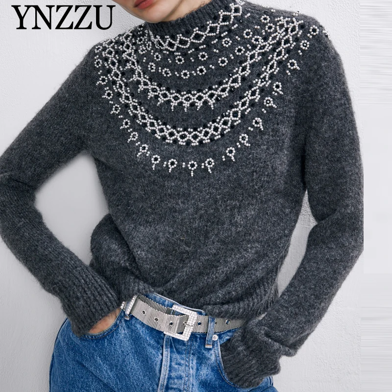 

Women Grey Beaded knitted sweater 2020 Spring Fashion Long sleeve Female tops Loose Casual high neck Jumper Autumn YNZZU YT788