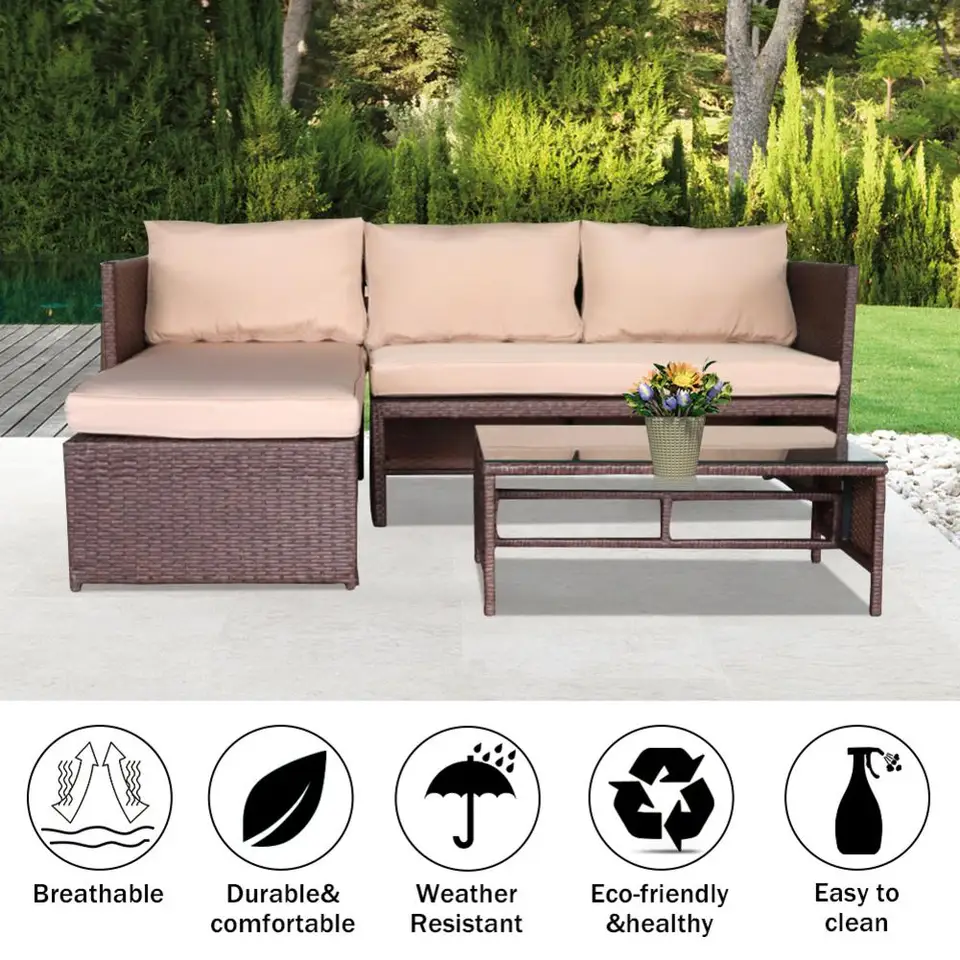 3 In 1 Outdoor Furniture Patio Sofa Set Garden Wood Grain Pe Wicker Rattan Ottoman With Tempered Glass Table Cushion Kits Aliexpress