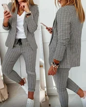 Autumn Women Plaid Print Blazer Coat & Drawstring Pants Sets 2021 Femme Pocket Design Jacket & Trousers Traf Office Lady Outfits