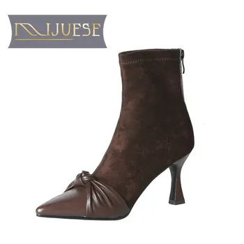 

MLJUESE 2021 women Ankle boots Cow leather Winter short plush Pointed Toe Zipper Butterfly-knot High heels female boots size 40