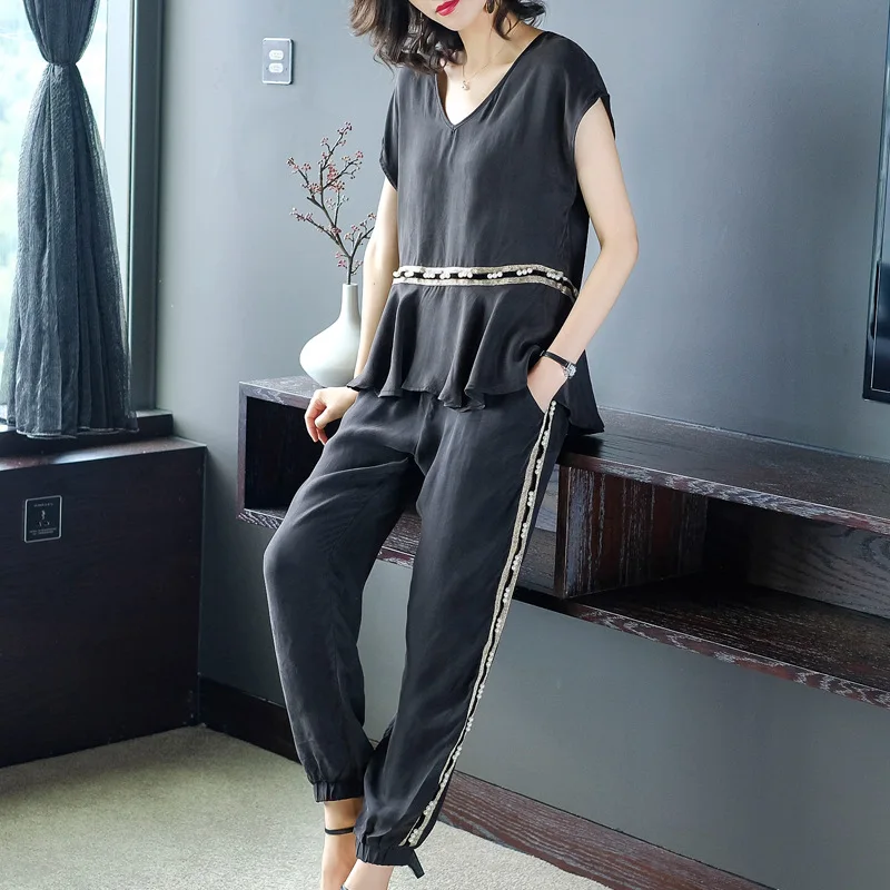 

Ozhouzhan WOMEN'S Suit 2019 Summer New Style Loose-Fit Ozhouzhan V-neck Shirt Skinny Pants Two-Piece Set Western Style by Age