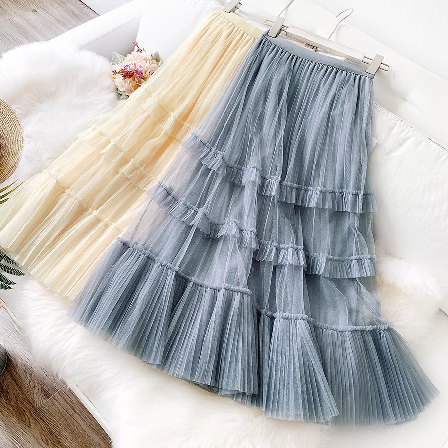 Wateheart Весенняя новая синяя черная Синяя Женская юбка с высокой талией до середины икры длинная юбка из сетки размера плюс в стиле ампир Повседневная плиссированная