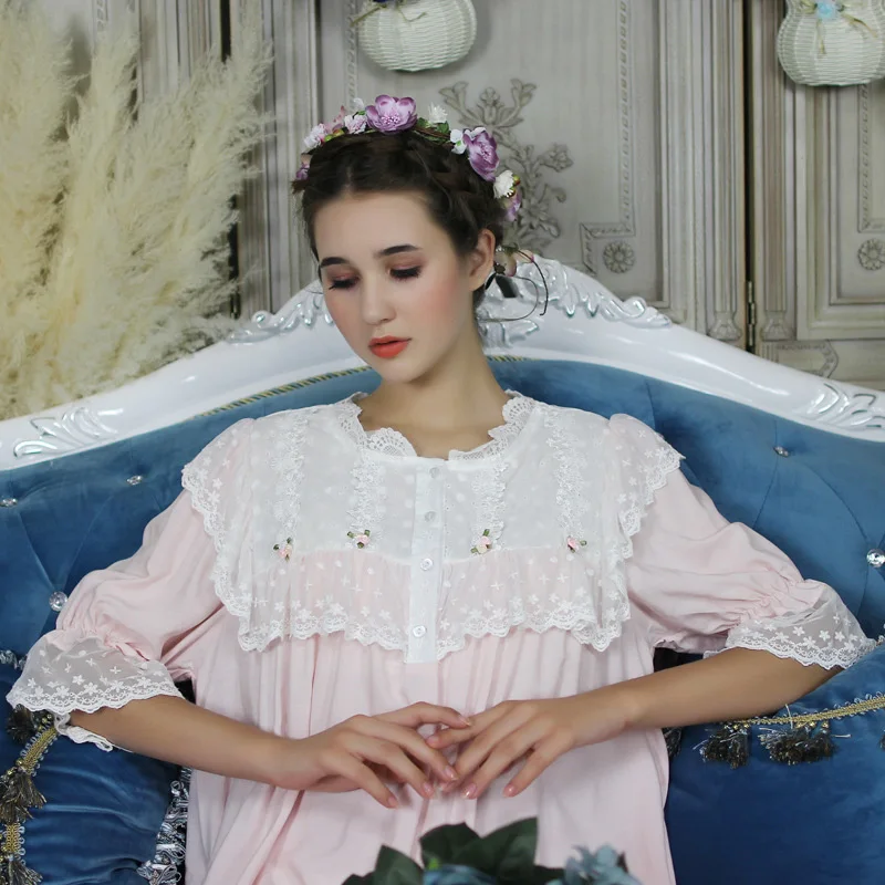 Женская одежда для сна, пижама, Женская свободная ночная рубашка, длинная Пижама, ночная рубашка, платье, милая Ретро длинная Домашняя одежда, платье для сна, один размер, ночная рубашка - Цвет: Розовый