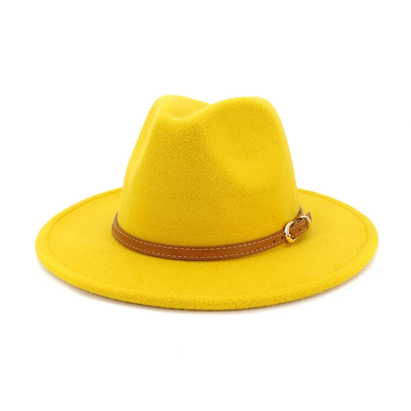FS 16 цветов, женская и Мужская шерстяная фетровая шляпа с поясом, элегантная дамская шляпа для джентльменов, зима-осень, с широкими полями, джазовая, церковная Панама, сомбреро, Кепка - Цвет: Yellow fedora