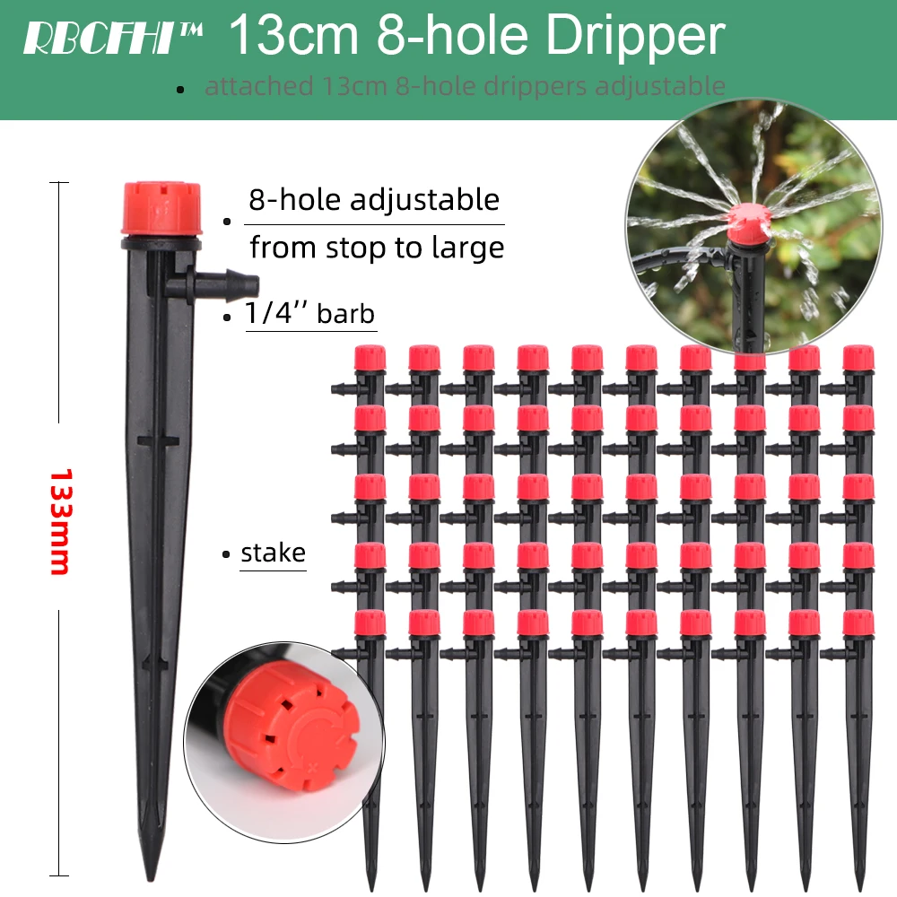 RBCFHI 13CM Stake Emitters Drip Kit System 1/4'' Hose Adjustable Nozzles Kit 4-Way Micro Watering Flow Gardens Flowers Vegetable