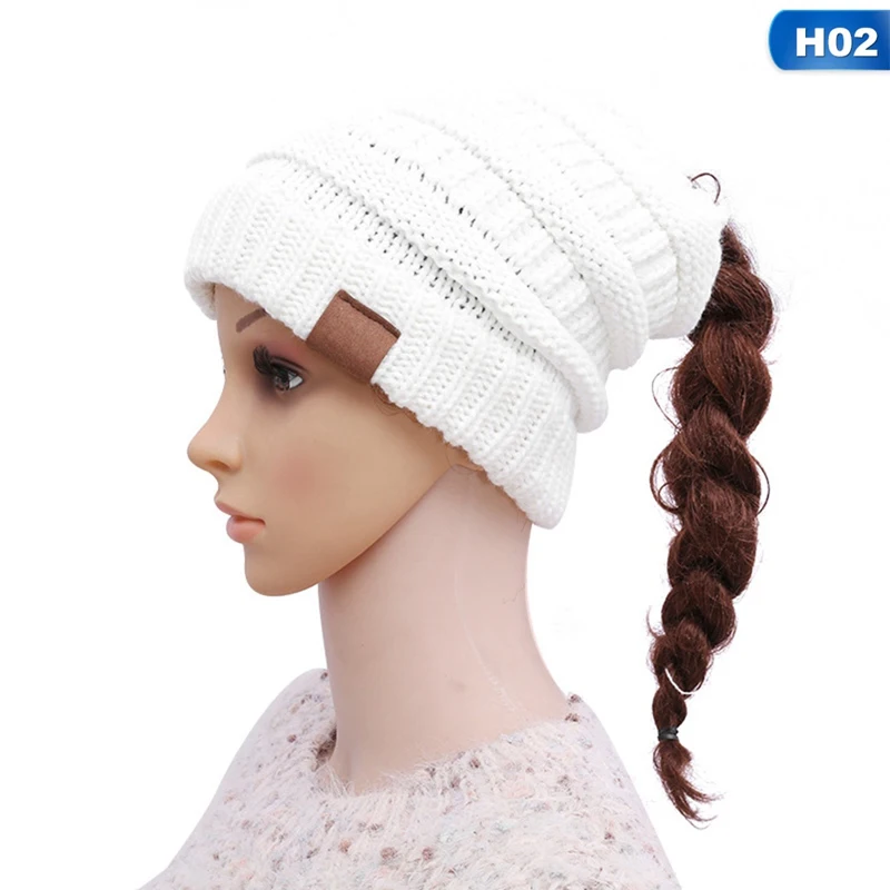 H02 Новинка, шапка бини для осени зимы, шапка для женщин, модная эластичная вязаная шапка с конским хвостом, теплая зимняя шапка Skullies Beanies, женская шапка - Цвет: H02