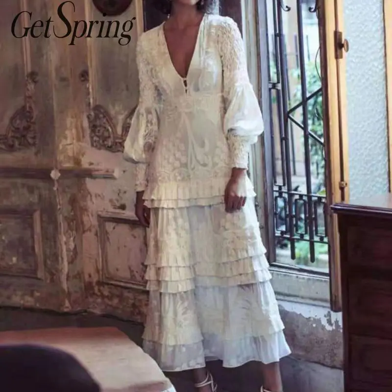 

GetSpring Women Dress V Neck Lantern Sleeve White Dresses Embroidery Ruffles Maxi Dresses Long Vintage Dress Autumn Winter 2019