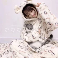 

QWEEK Women's Home Clothes Kawaii Pajamas Winter Flannel Hooded Pijamas Kitty Pyjamas Sleepwear Teen Girls Loungewear Nightwear