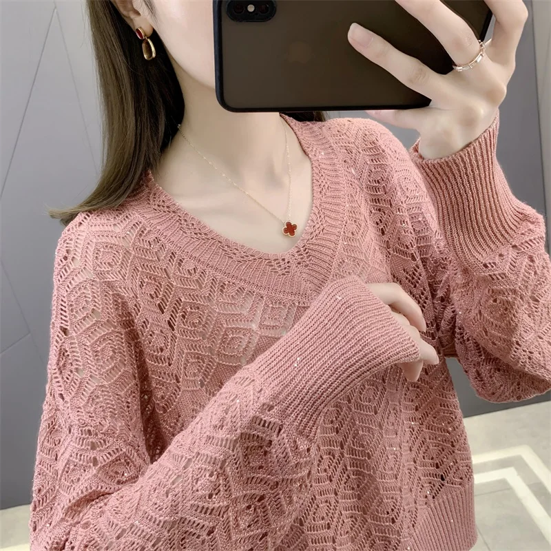 

autumn new style foreign style short style small sweater women's hollowed out sweater Sequin top high waist thin