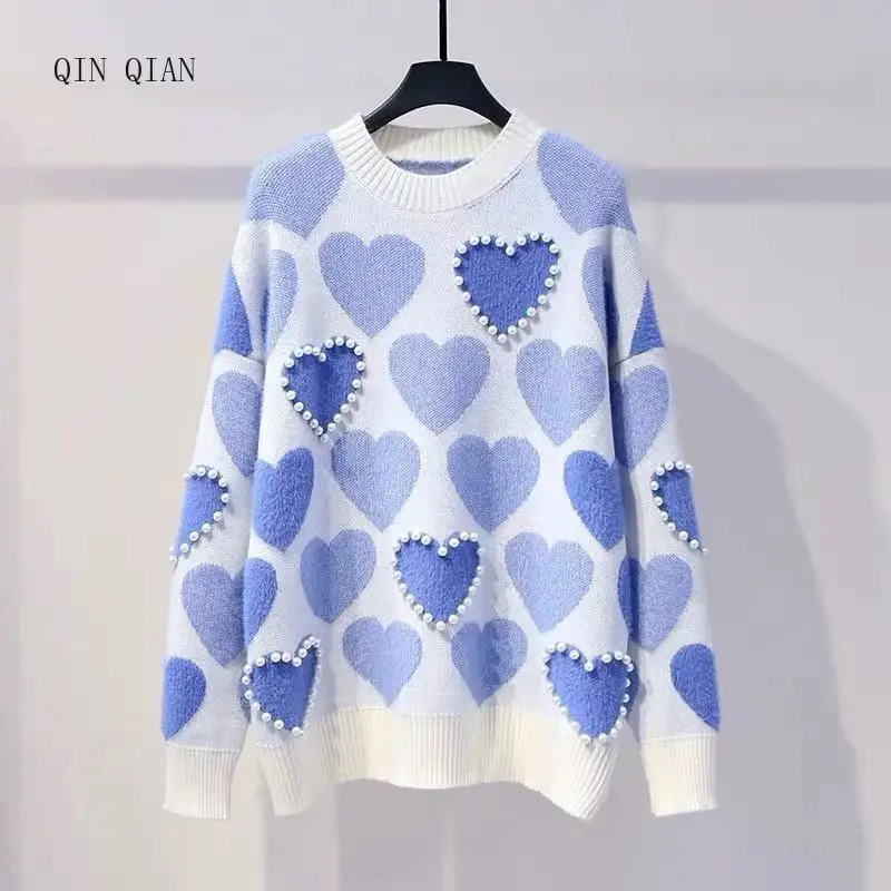 

Women Knitted Sweater and Pullovers Oneck Pearls Beading Sweaters Sweet Heart Pull Jumpers Long Sleeve Kawaii Pull Femme
