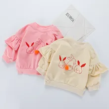 Одежда с длинными рукавами для маленьких девочек; зимний хлопковый Детский свитер с оборками; футболка; весенние повседневные толстовки с помпоном и кроликом; пуловер