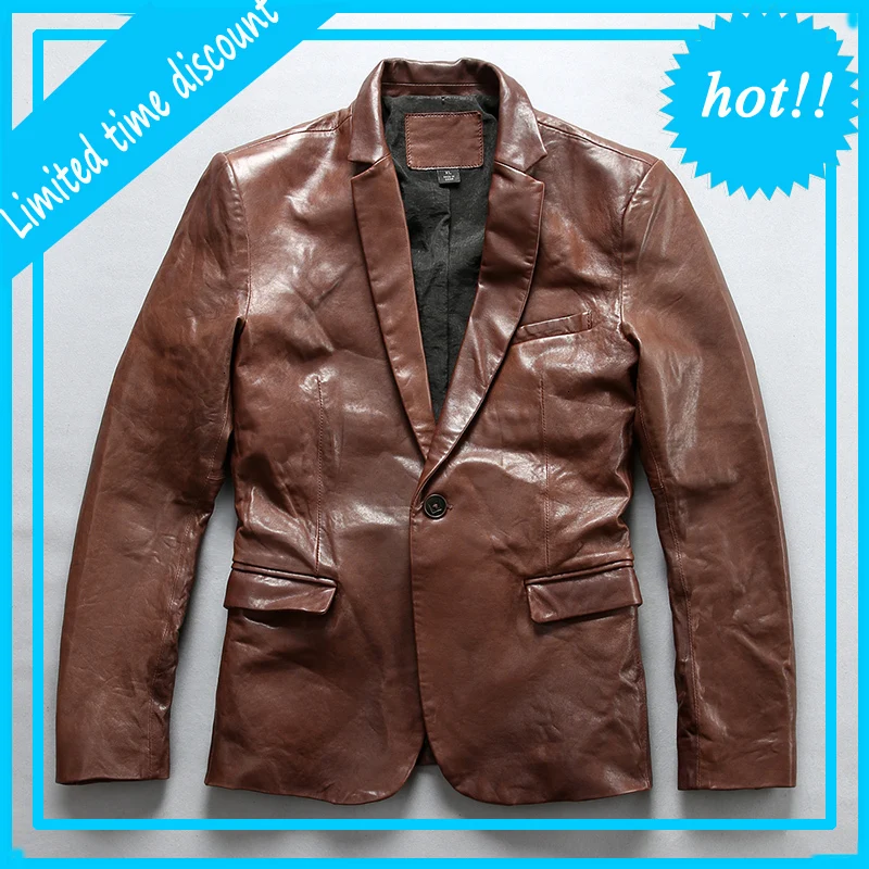 Мужская однобортная куртка из натуральной кожи винтажная Классическая мягкой