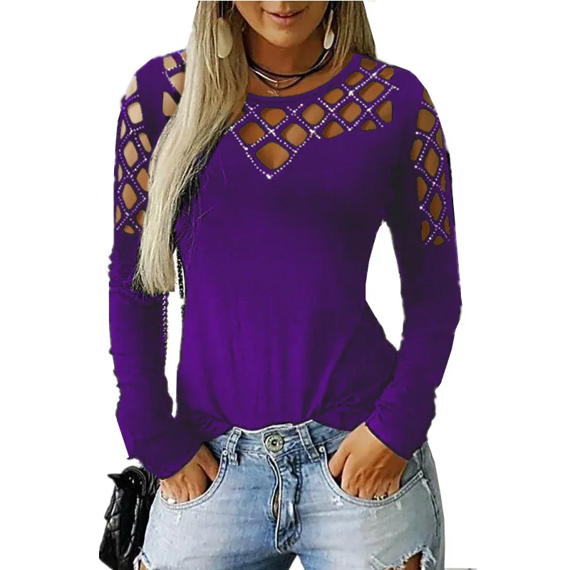 Женские топы и блузки размера плюс 5 xl, осень, новинка, длинный рукав, с блестками, с v-образным вырезом, сексуальные женские тонкие Топы Рубашки Блузы - Цвет: Фиолетовый